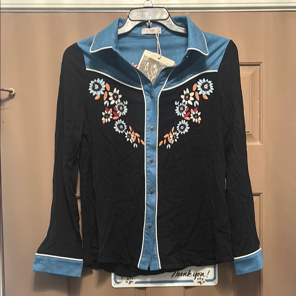 NWT JOHN MOON Embroidered Fringe Western Long Sleeve Button Down size Medium